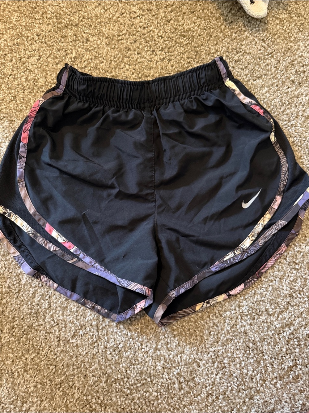 Nike Black Women's Athletic Shorts with Purple-Pink Floral Trim